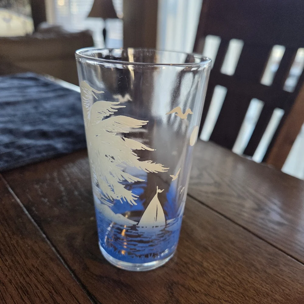 Mid Century Federal Glass Blue Ocean Sailboats & Palm Trees 8oz Glass